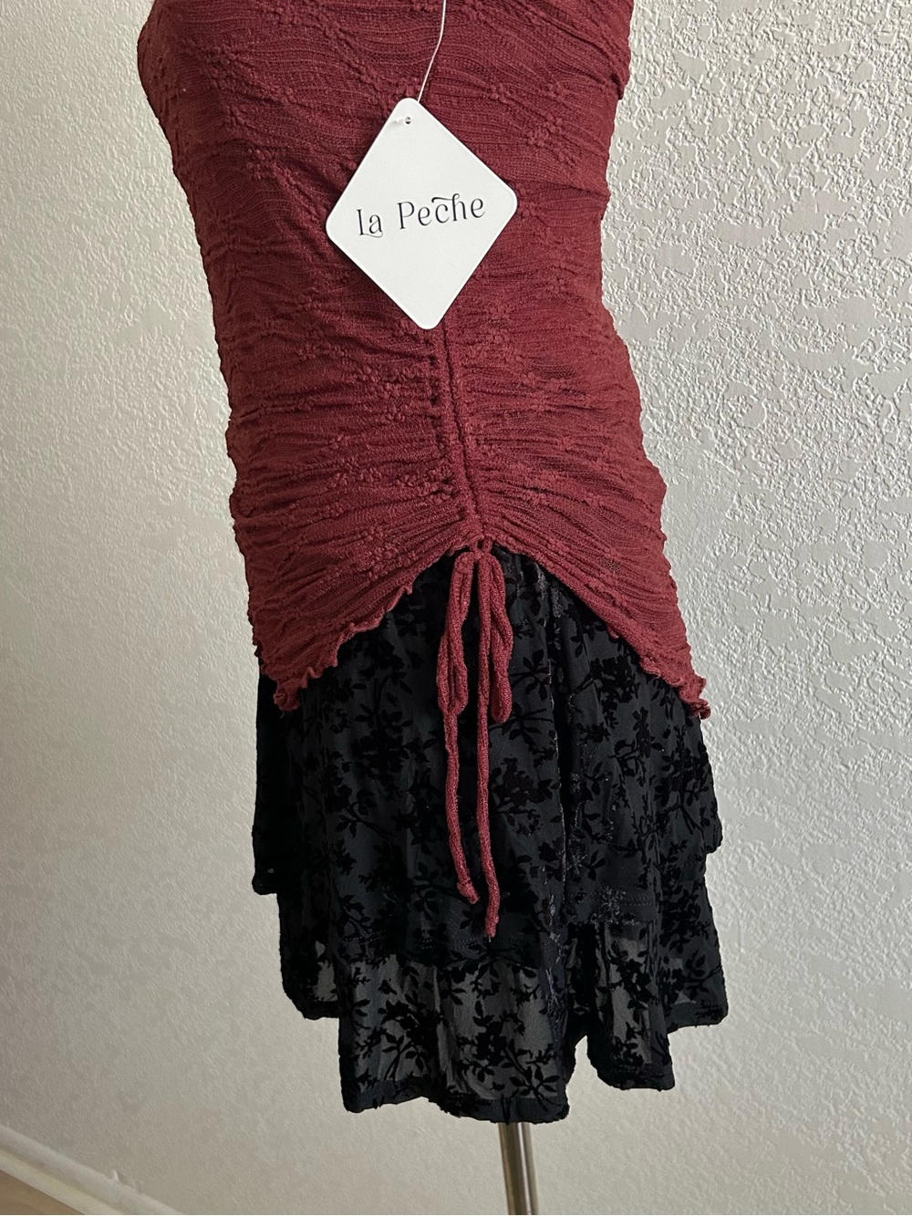 La Peche Whimsigoth Y2K Style Burgundy Asymmetrical Lace Long Sleeve Blouse Top - Picture 6 of 8